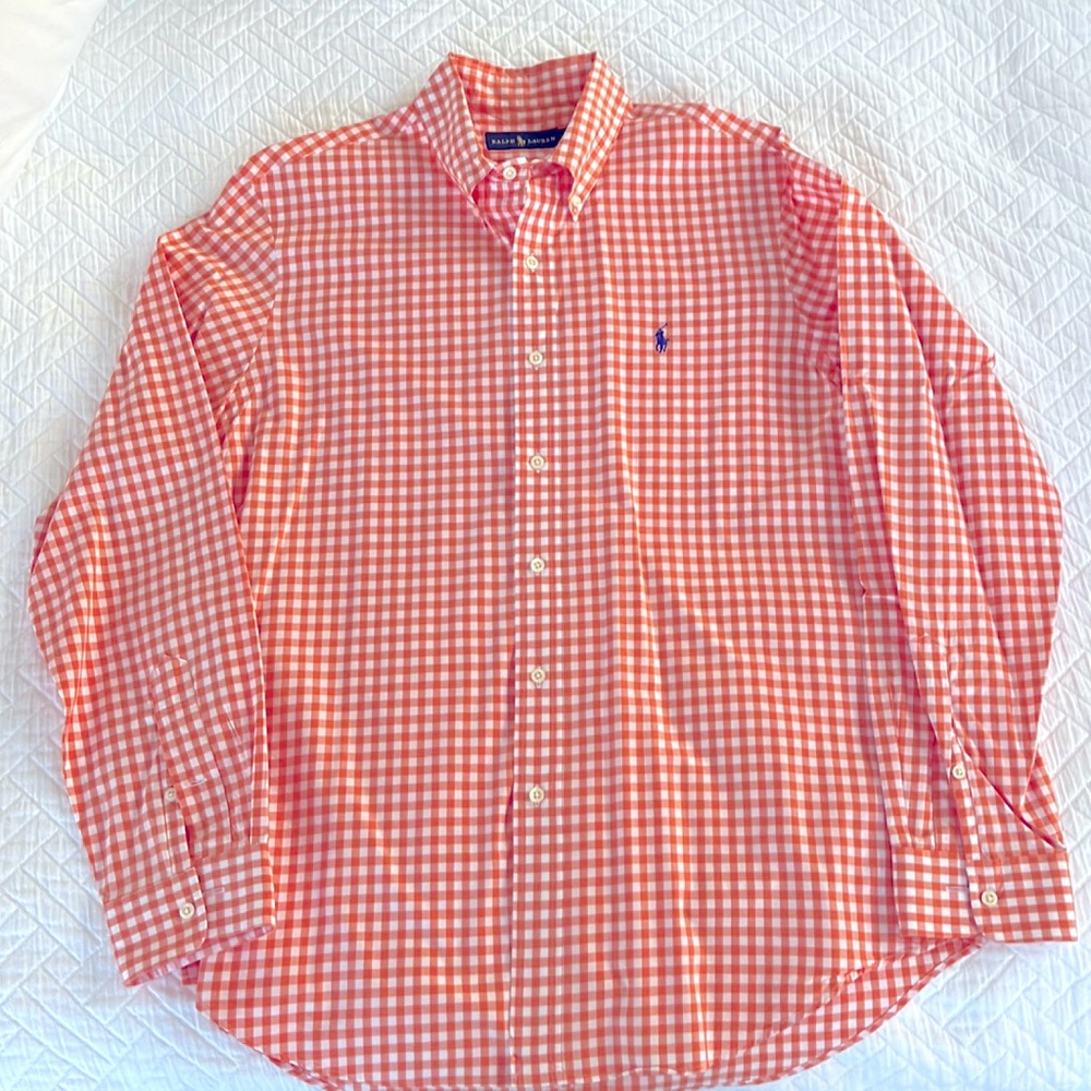 RALPH LAUREN Men’s Large Orange/White Check Blue Pony Button down shirt